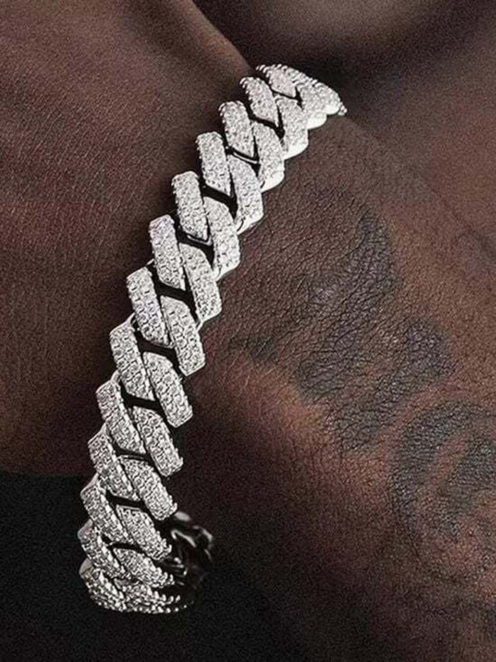 Men's Cuban Link Bracelet in Silver with Pavé Crystals